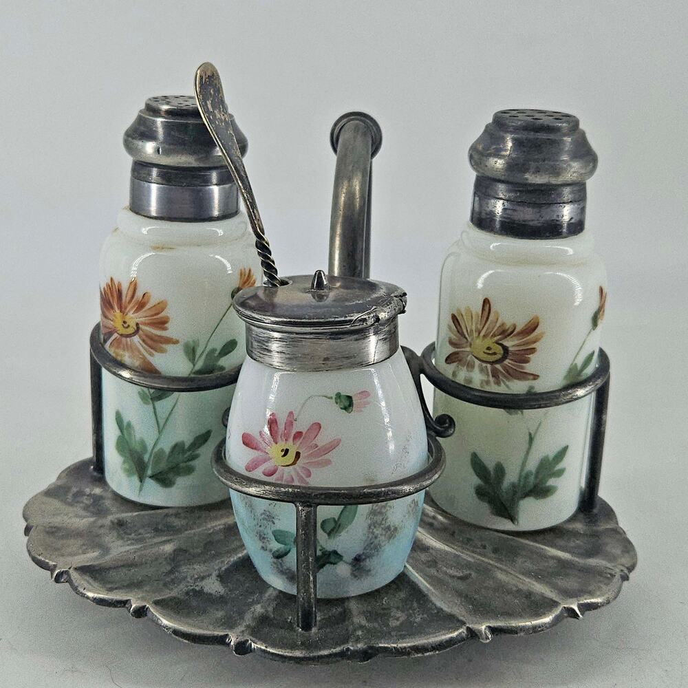 Vintage Wilcox Silverplate Hand Painted Glass Condiment Salt Pepper Shaker Set